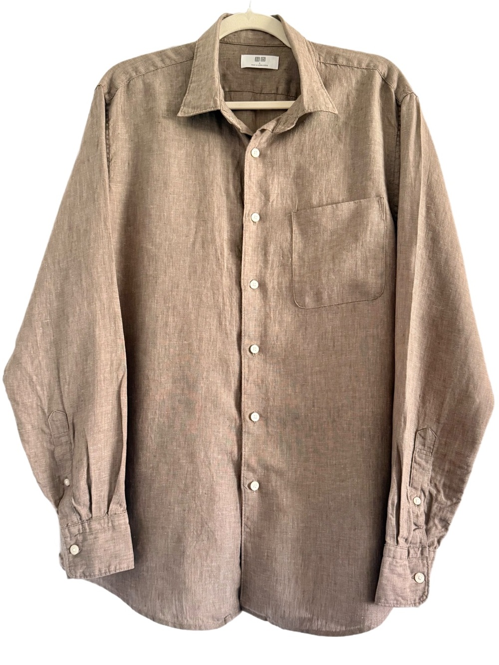 Uniqlo Men's Linen Tan Button-Down Shirt Sz Large
